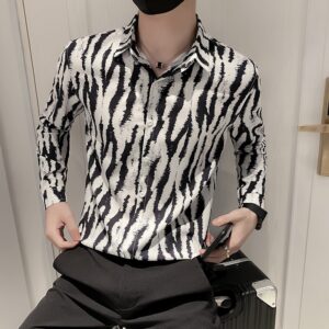 Autumn New Fashion Zebra Pattern Print White Shirt Men Clothing 2022 Simple Slim Fit Long Sleeve 3