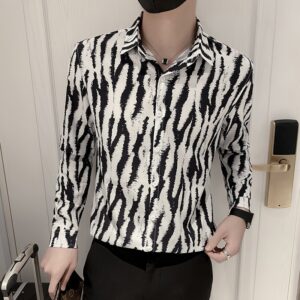 Autumn New Fashion Zebra Pattern Print White Shirt Men Clothing 2022 Simple Slim Fit Long Sleeve
