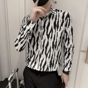 Autumn New Fashion Zebra Pattern Print White Shirt Men Clothing 2022 Simple Slim Fit Long Sleeve 4