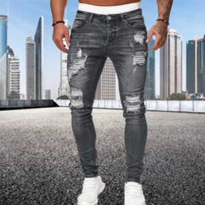 Fashion Street Style Ripped Skinny Jeans Men Vintage wash Solid Denim Trouser Mens Casual Slim fit 1