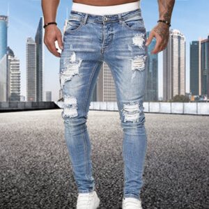 Fashion Street Style Ripped Skinny Jeans Men Vintage wash Solid Denim Trouser Mens Casual Slim fit 2