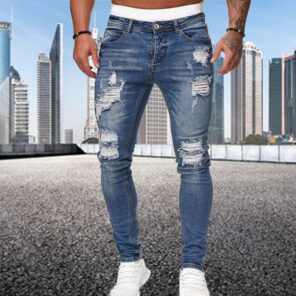 Fashion Street Style Ripped Skinny Jeans Men Vintage wash Solid Denim Trouser Mens Casual Slim fit