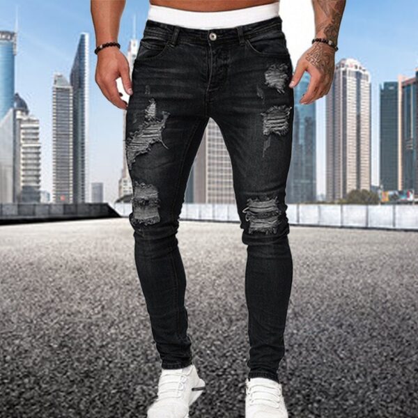 Fashion Street Style Ripped Skinny Jeans Men Vintage wash Solid Denim Trouser Mens Casual Slim fit 3