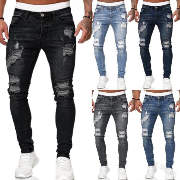 Fashion Street Style Ripped Skinny Jeans Men Vintage wash Solid Denim Trouser Mens Casual Slim fit 4