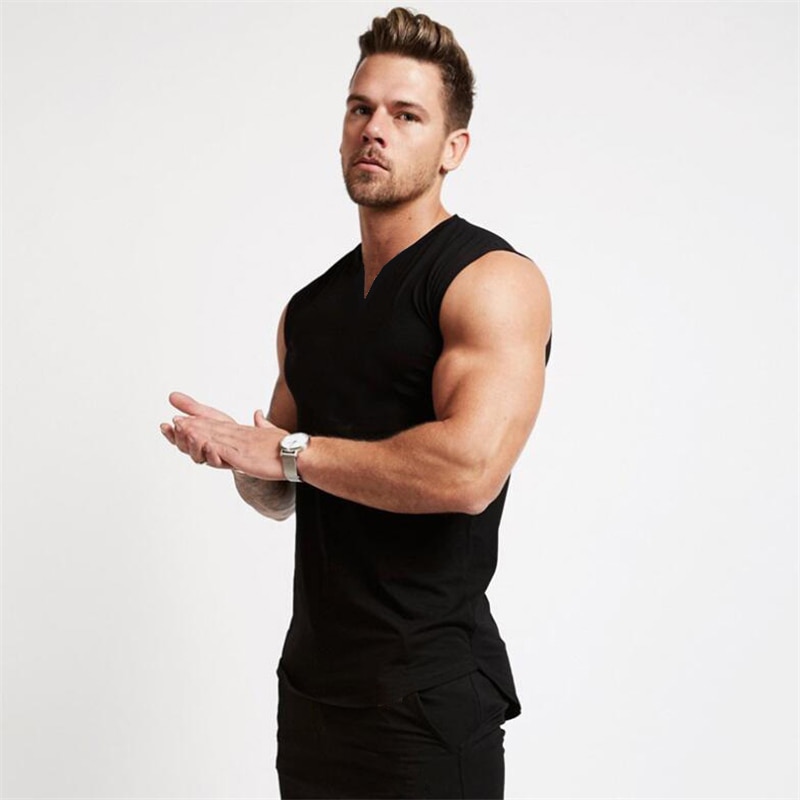 Gym Clothing V Neck Cotton Bodybuilding Tank Top Mens Workout Sleeveless Shirt Fitness Sportswear Running Vests 1