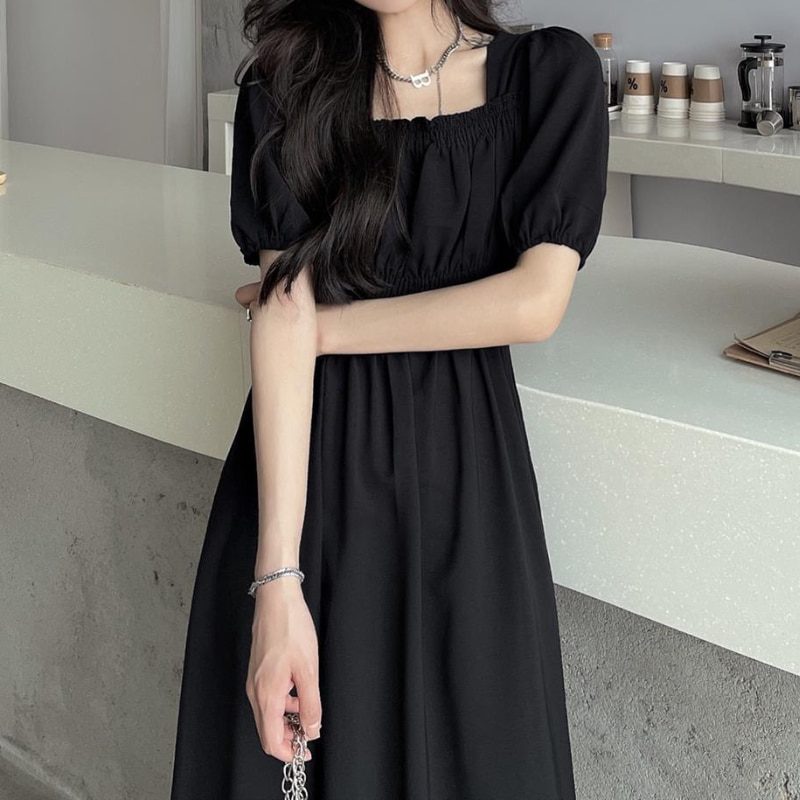 HOUZHOU Black Vintage Midi Dress Elegant Women Dresses Square Collar Puff Sleeve Oversized Loose Casual Sundress 1