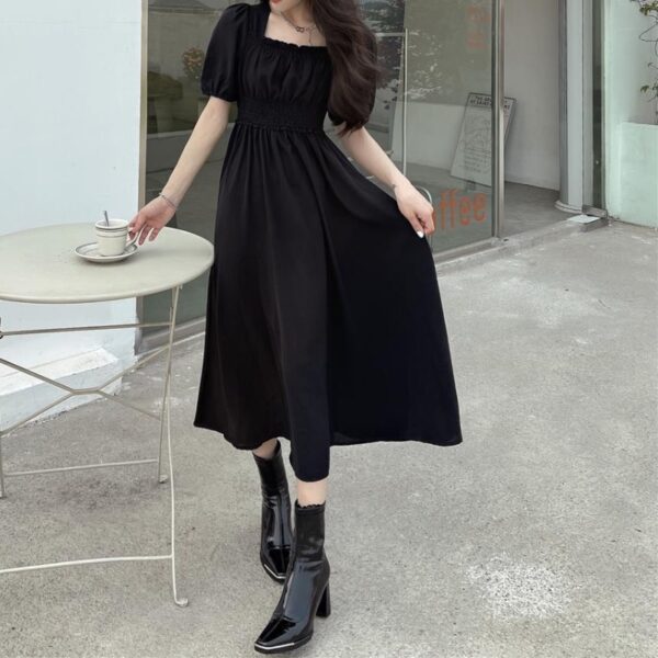 HOUZHOU Black Vintage Midi Dress Elegant Women Dresses Square Collar Puff Sleeve Oversized Loose Casual Sundress 2