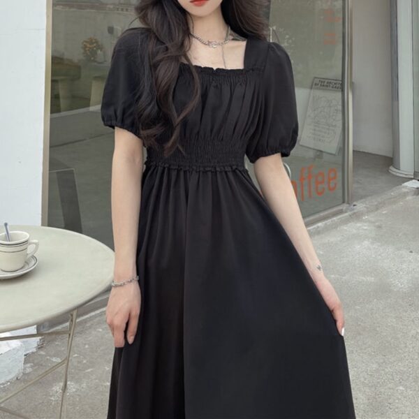 HOUZHOU Black Vintage Midi Dress Elegant Women Dresses Square Collar Puff Sleeve Oversized Loose Casual Sundress