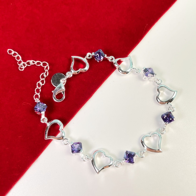 High Quality 925 Sterling Silver Bracelet Heart Purple Crystal Zircon Bracelet For Woman Party Engagement Jewelry 2