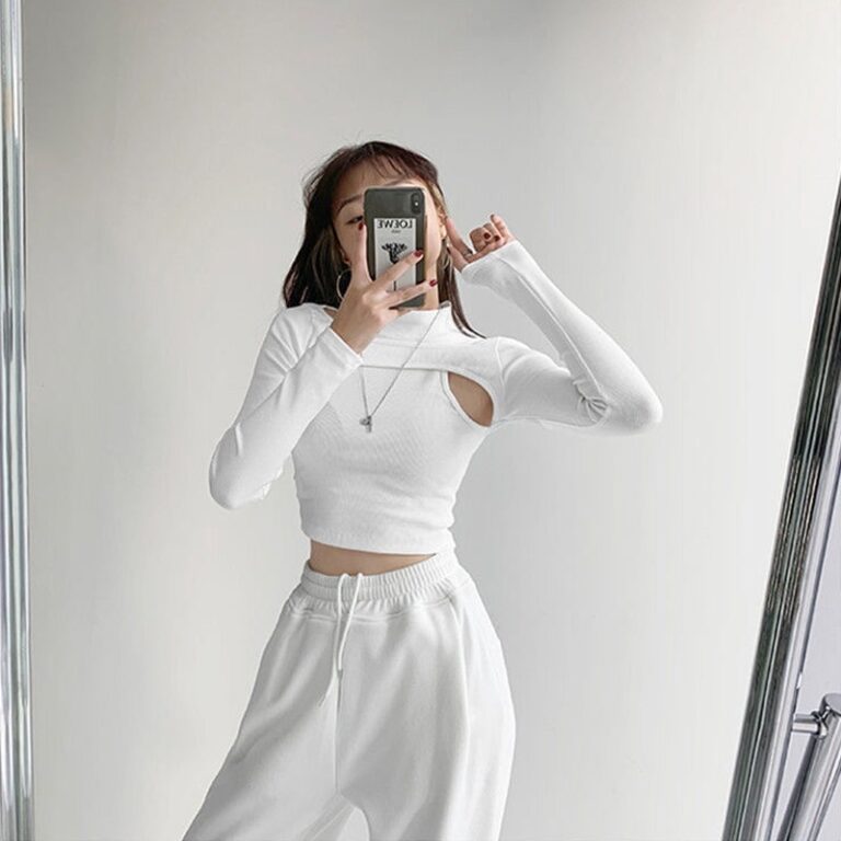 Hollow Knitted Crop Tops Women New Fitness Fake Two piece T shirt Female Black White Long 2