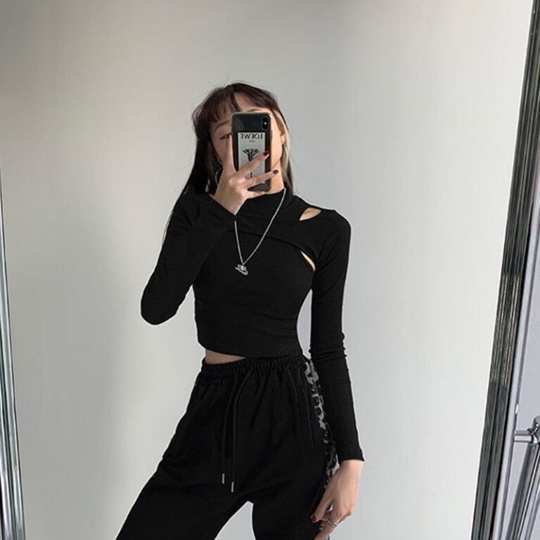 Hollow Knitted Crop Tops Women New Fitness Fake Two piece T shirt Female Black White Long 3