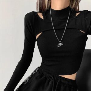 Hollow Knitted Crop Tops Women New Fitness Fake Two piece T shirt Female Black White Long.jpg 640x640