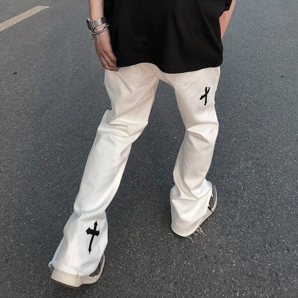 ICCLEK High Street Loose Casual Pants Men s Embroidered Cross Flare Pants Jeans for Men Men 1