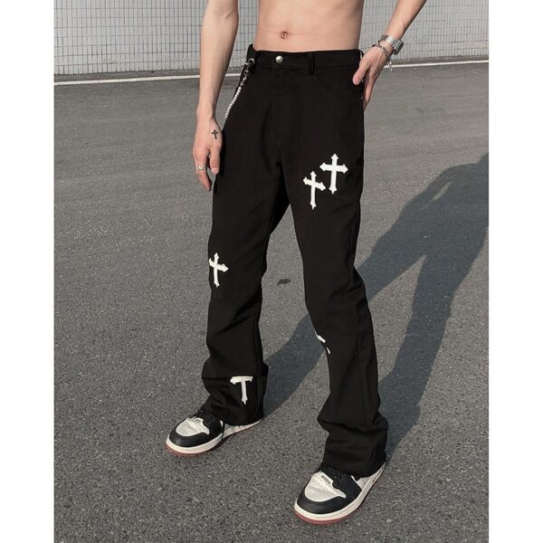 ICCLEK High Street Loose Casual Pants Men s Embroidered Cross Flare Pants Jeans for Men Men 4