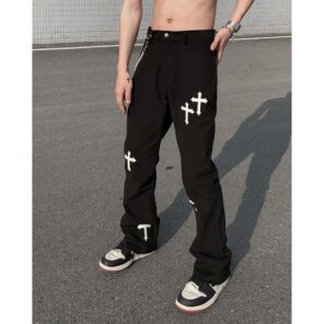 ICCLEK High Street Loose Casual Pants Men s Embroidered Cross Flare Pants Jeans for Men Men.jpg 640x640