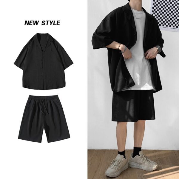 Korean Style Men s Set Suit Jacket and Shorts Solid Thin Short Sleeve Single Pocket Knee 2