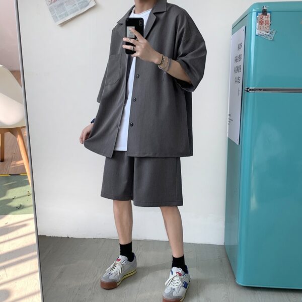 Korean Style Men s Set Suit Jacket and Shorts Solid Thin Short Sleeve Single Pocket Knee 4