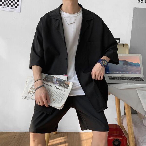 Korean Style Men s Set Suit Jacket and Shorts Solid Thin Short Sleeve Single Pocket Knee 5