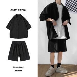 Korean Style Men s Set Suit Jacket and Shorts Solid Thin Short Sleeve Single Pocket Knee.jpg 640x640