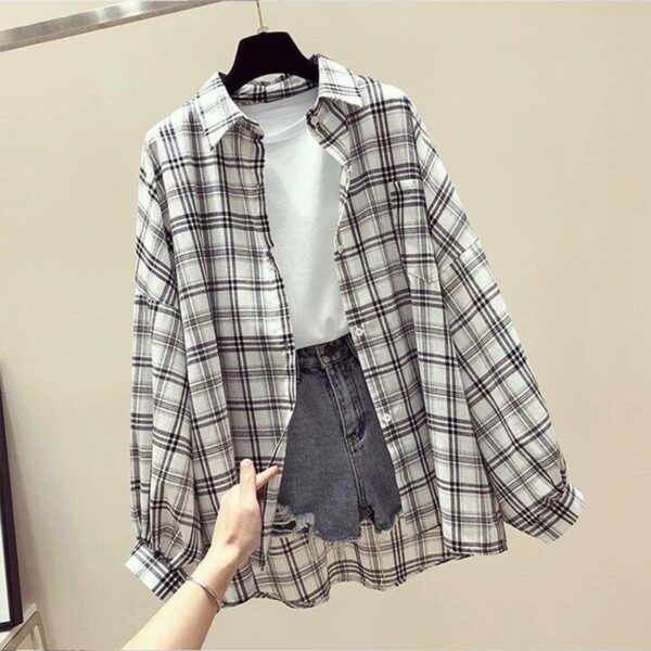 Korean Style Plaid Classic Loose Shirts Blouse Women Daily All match Cute Student Women Clothing Fashion 1