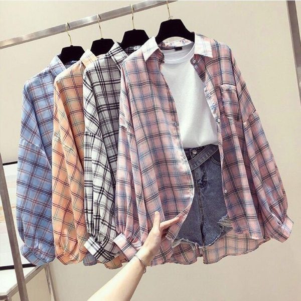 Korean Style Plaid Classic Loose Shirts Blouse Women Daily All match Cute Student Women Clothing Fashion