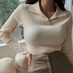 Korean Style Turn Down Collar Women Sweater Female Long Sleeve Casual Pullovers Knitted Sweaters Clothes Sweter