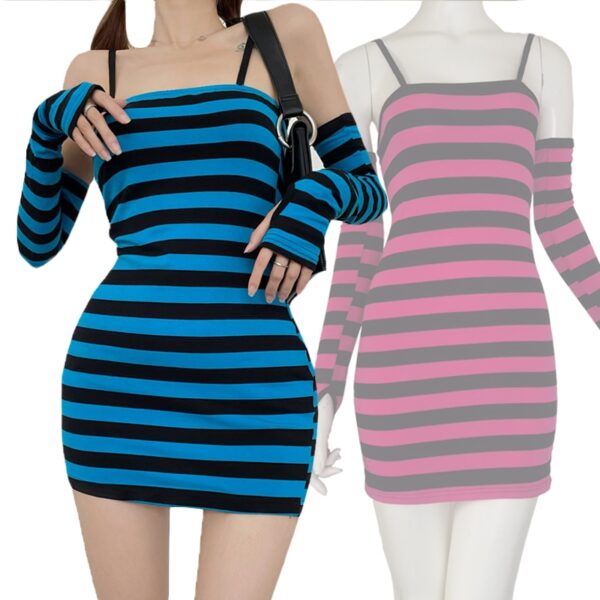 Lady Strapless Stretch Backless Slim Y2k Dresses Black Blue Girl Sexy Striped Mini Dress Summer Outsleeves 5