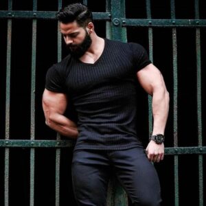 Men V Neck Short Sleeve T Shirt Fitness Slim Fit Sports Strips T shirt Male Solid 1