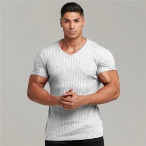 Men V Neck Short Sleeve T Shirt Fitness Slim Fit Sports Strips T shirt Male Solid 4