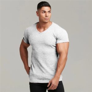 Men V Neck Short Sleeve T Shirt Fitness Slim Fit Sports Strips T shirt Male Solid 5