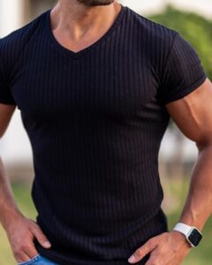 Men V Neck Short Sleeve T Shirt Fitness Slim Fit Sports Strips T shirt Male Solid.jpg 640x640