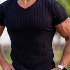 Men V Neck Short Sleeve T Shirt Fitness Slim Fit Sports Strips T shirt Male Solid.jpg 640x640