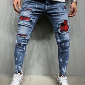 Men s Skinny Ripped Jeans Fashion Grid Beggar Patches Slim Fit Stretch Casual Denim Pencil Pants 1