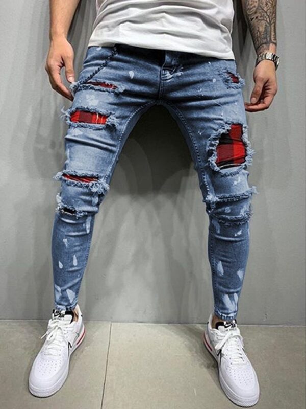 Men s Skinny Ripped Jeans Fashion Grid Beggar Patches Slim Fit Stretch Casual Denim Pencil Pants 1
