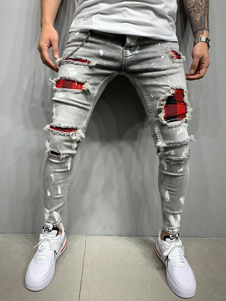 Men's Skinny Ripped Jeans Fashion Grid Beggar Patches Slim Fit Stretch ...