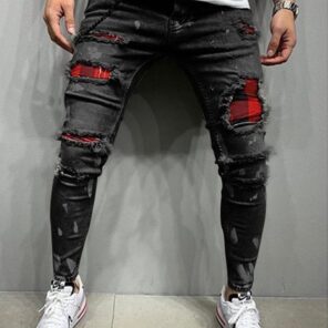 Men s Skinny Ripped Jeans Fashion Grid Beggar Patches Slim Fit Stretch Casual Denim Pencil Pants