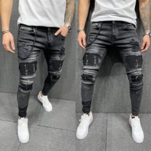 Men s Skinny Ripped Jeans Fashion Grid Beggar Patches Slim Fit Stretch Casual Denim Pencil Pants 3.jpg 640x640 3
