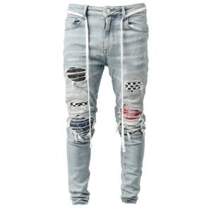 Men s Skinny Ripped Jeans Fashion Grid Beggar Patches Slim Fit Stretch Casual Denim Pencil Pants 5.jpg 640x640 5