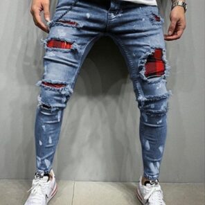 Men s Skinny Ripped Jeans Fashion Grid Beggar Patches Slim Fit Stretch Casual Denim Pencil Pants.jpg 640x640