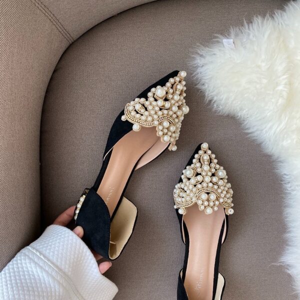 New Crown Pearl Flats Women Wedding Shoes Pointed Toe Female Dress Moccasins Low Pearl Heel Ladies