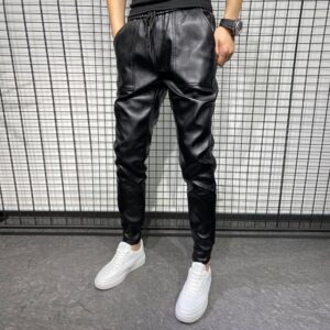 New Winter Thick Warm PU Leather Pants Men Clothing 2022 Simple Big Pocket Windproof Casual Motorcycle 1