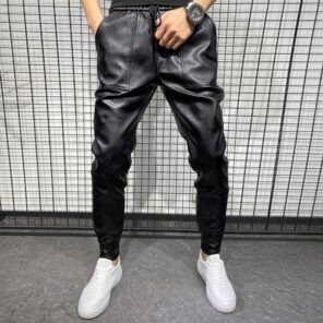 New Winter Thick Warm PU Leather Pants Men Clothing 2022 Simple Big Pocket Windproof Casual Motorcycle