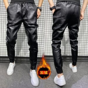 New Winter Thick Warm PU Leather Pants Men Clothing 2022 Simple Big Pocket Windproof Casual Motorcycle 4