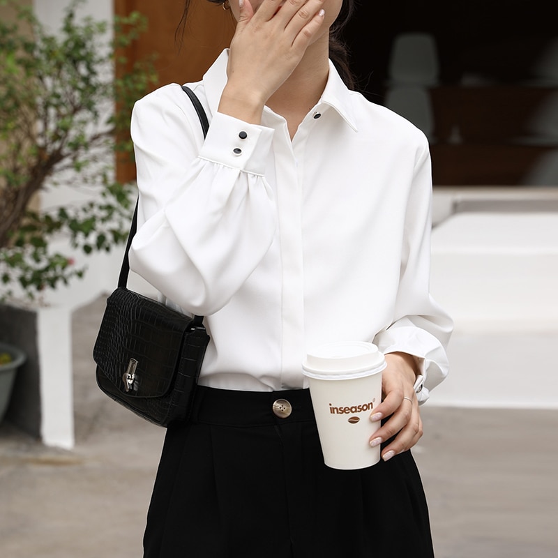 OL Style Formal Women White Shirts Turn Down Collar Blouse Tops Elegant Workwear Female Blusa Single 1