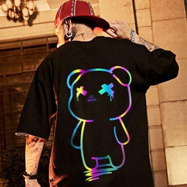 Oversize t shirts Cartoon Bear Print Reflective Rainbow T Shirts Harajuku Streetwear Top Tees Cotton Casual 2