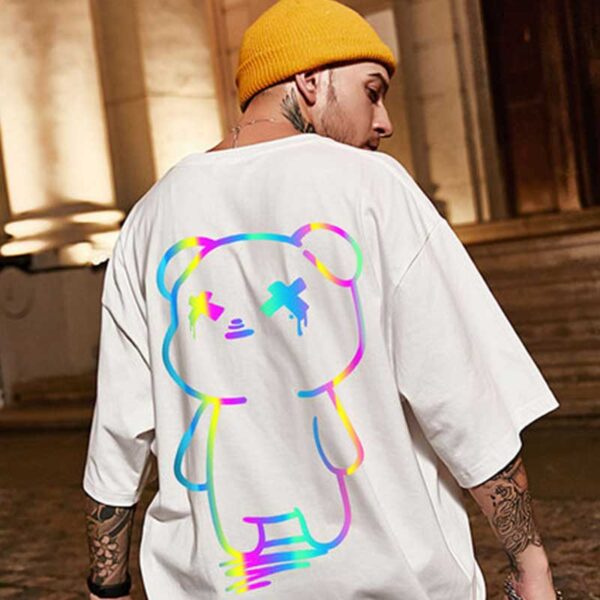 Oversize t shirts Cartoon Bear Print Reflective Rainbow T Shirts Harajuku Streetwear Top Tees Cotton Casual 4