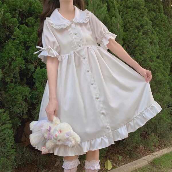 QWEEK White Kawaii Lolita Dress For Girls Soft Princess Fairy Peter Pan Collar Dress Japanese Style 1
