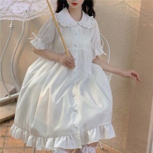 QWEEK White Kawaii Lolita Dress For Girls Soft Princess Fairy Peter Pan Collar Dress Japanese Style 2