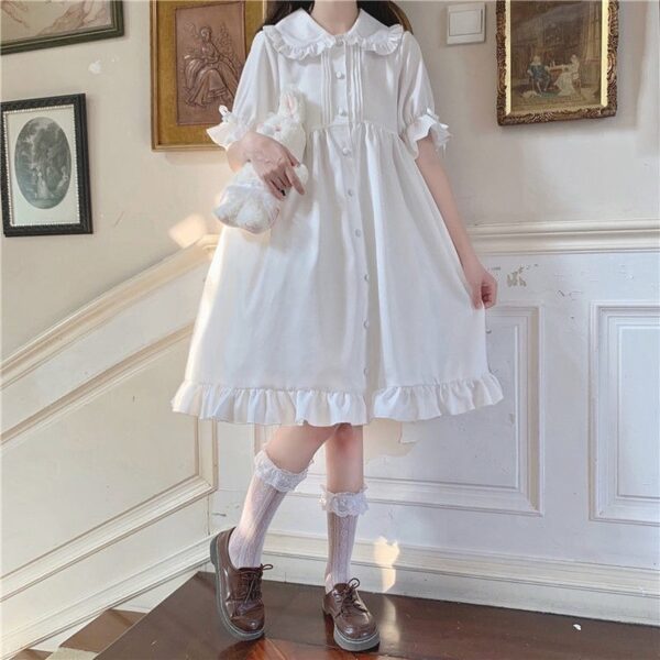 QWEEK White Kawaii Lolita Dress For Girls Soft Princess Fairy Peter Pan Collar Dress Japanese Style 4
