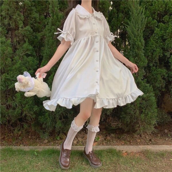 QWEEK White Kawaii Lolita Dress For Girls Soft Princess Fairy Peter Pan Collar Dress Japanese Style 5